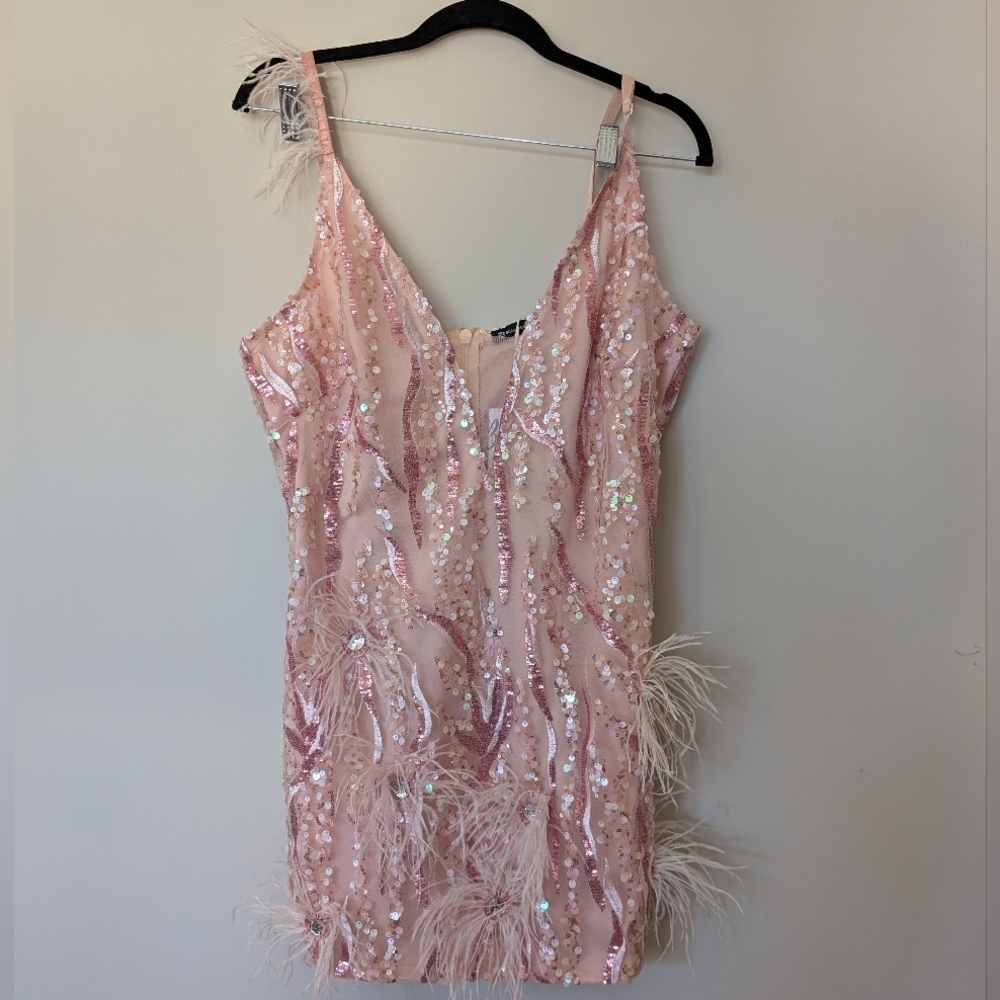 Bella Feather Bodycon Mini Dress In Pink